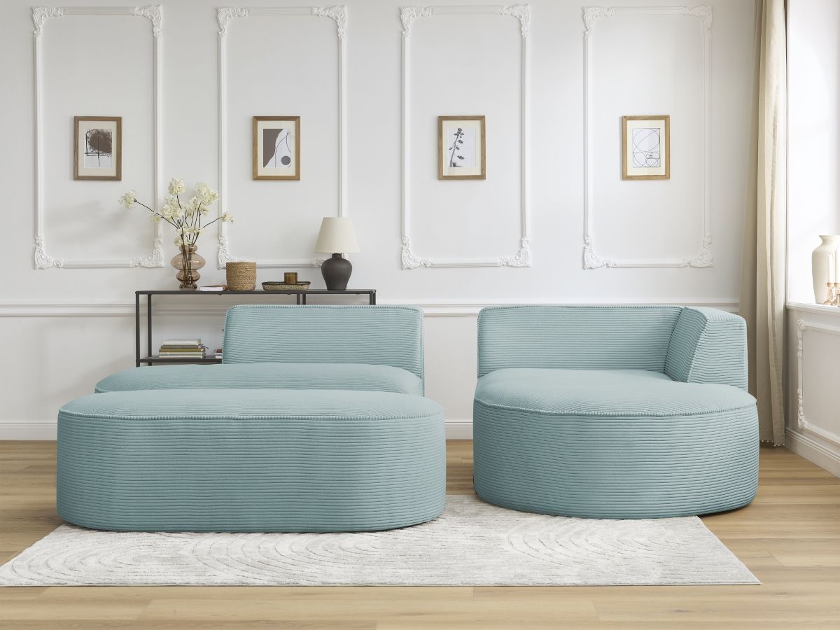 Bobochic Rousseau Ecksofa mit Pouf Cordsamt Hellblau Ecke rechts