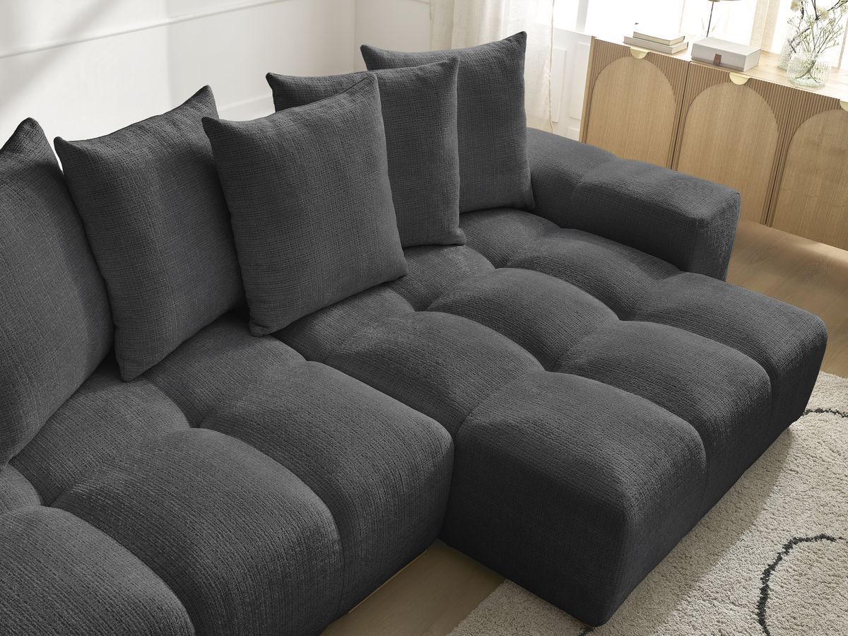 Bobochic Anakin Ecksofa mit Schlaffunktion und Bettkasten, 6 Kissen Strukturstoff Schwarz