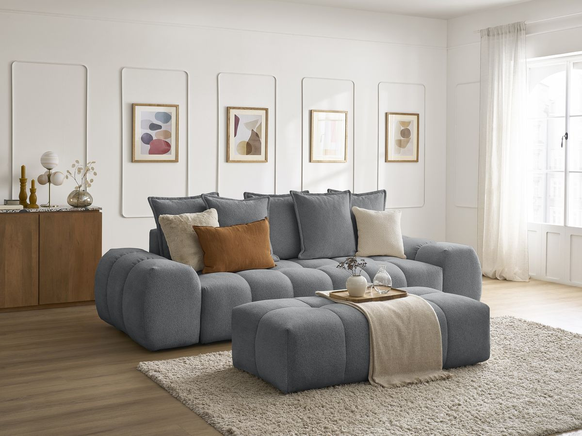 Bobochic Everest Schlafsofa 3-Sitzer mit Bettkasten und Pouf, 5 Kissen Melange-Stoff Dunkelgrau