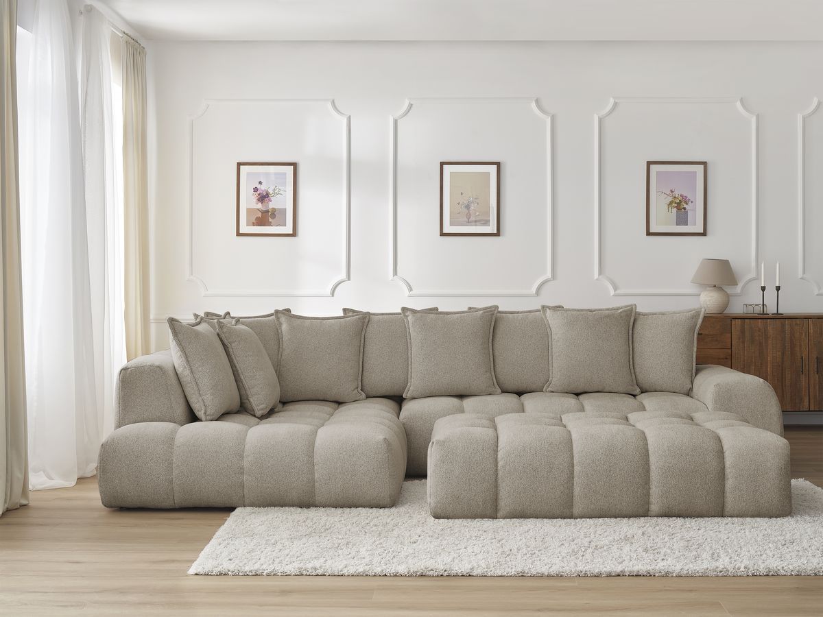 Bobochic Everest Ecksofa mit Schlaffunktion und Pouf, 10 Kissen Melange-Stoff Taupe Ecke links