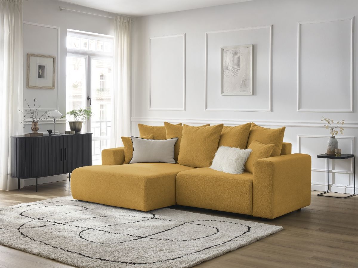 Bobochic Atilla Ecksofa mit Schlaffunktion und Bettkasten Melange-Stoff Gelb Ecke links