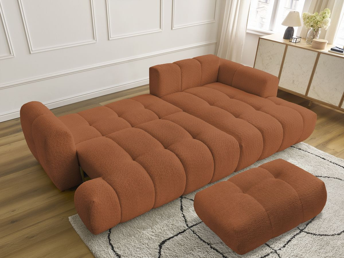 Bobochic Fuji Ecksofa mit Schlaffunktion und Bettkasten und Pouf 292 × 160 cm Bouclé-Stoff Orange Ecke rechts