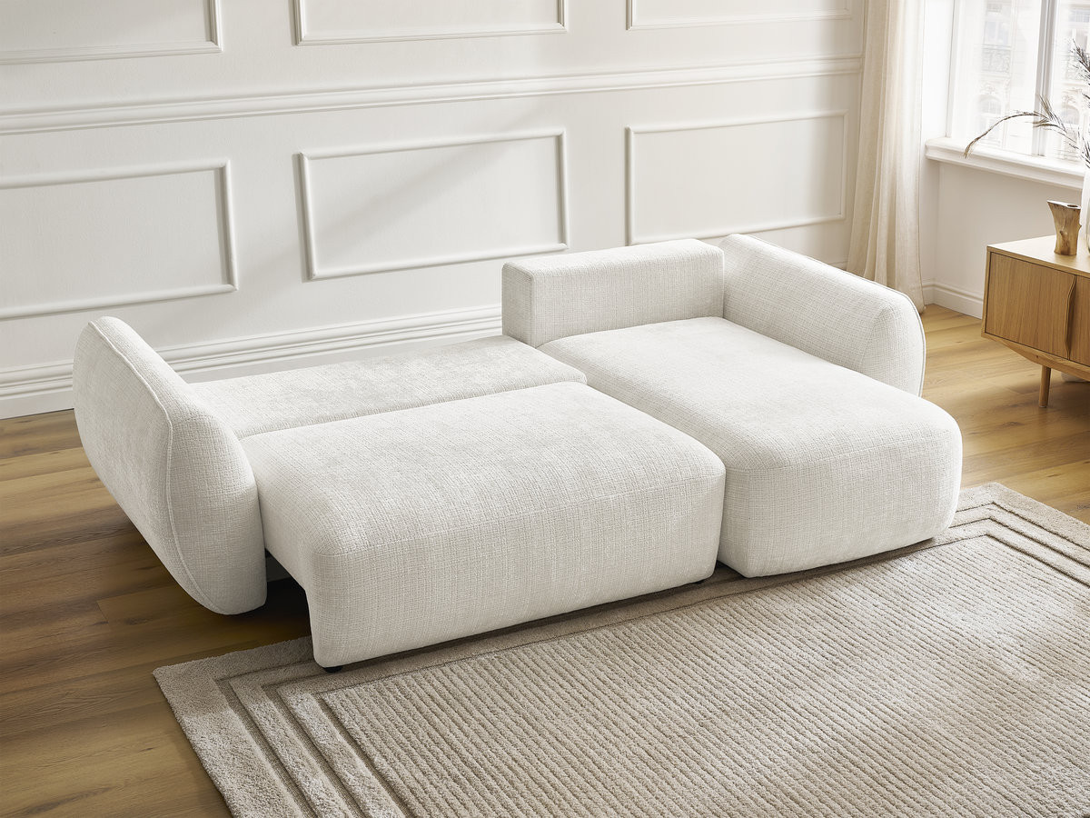 Bobochic Denise Ecksofa mit Schlaffunktion und Bettkasten 258 × 160 cm Strukturstoff Weiß Ecke rechts