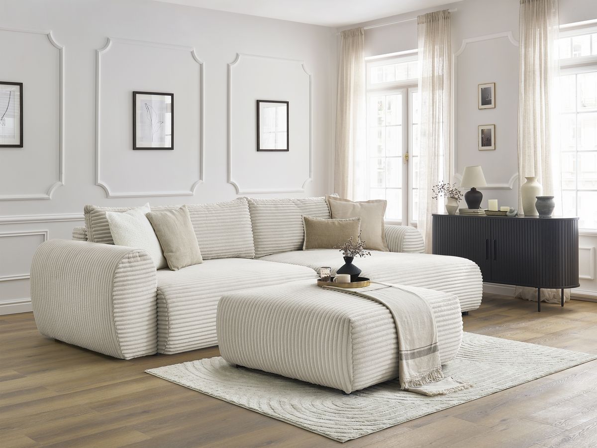 Bobochic Lucien Ecksofa mit Schlaffunktion und Bettkasten und Pouf 314 × 167 cm Breitcord weich Beige Ecke rechts