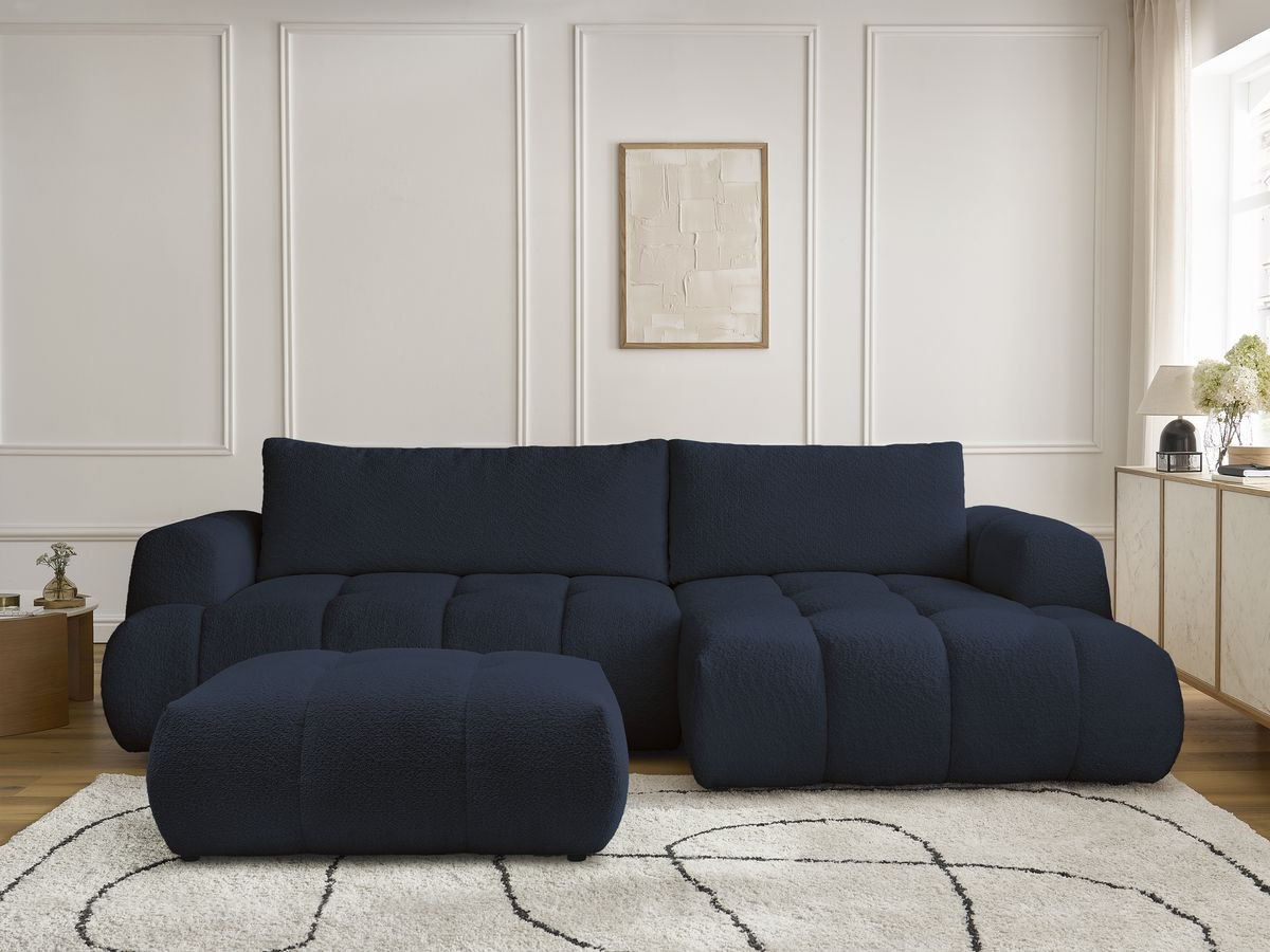 Bobochic Fuji Ecksofa mit Schlaffunktion und Bettkasten und Pouf 292 × 160 cm Bouclé-Stoff Dunkelblau Ecke rechts