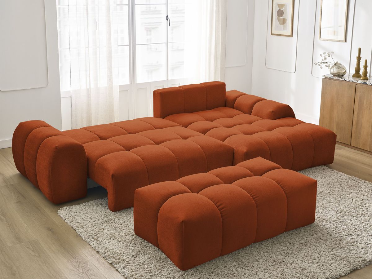 Bobochic Everest Ecksofa mit Schlaffunktion und Bettkasten und Pouf 318 × 180 cm, 3 Kissen Strukturstoff Orange Ecke rechts