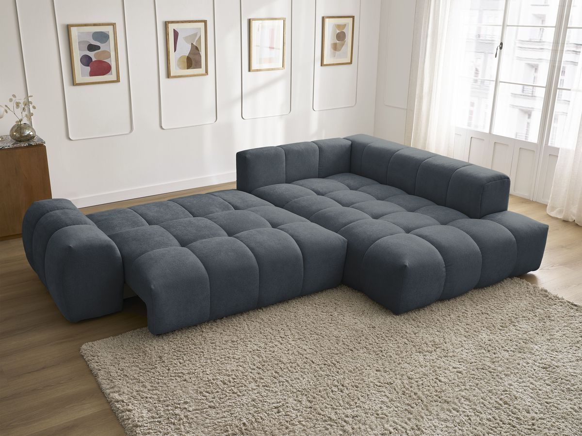 Bobochic Everest Ecksofa mit Schlaffunktion und Bettkasten 320 × 212 cm, 10 Kissen Strukturstoff Dunkelblau Ecke rechts