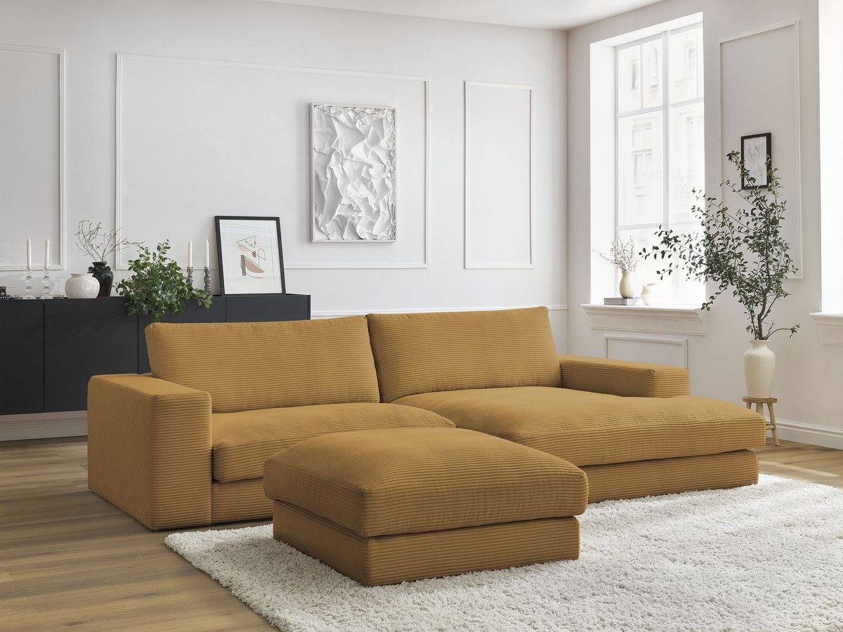 Bobochic Leonard Ecksofa mit Pouf 234 × 159 cm Cordsamt Gelb Ecke rechts