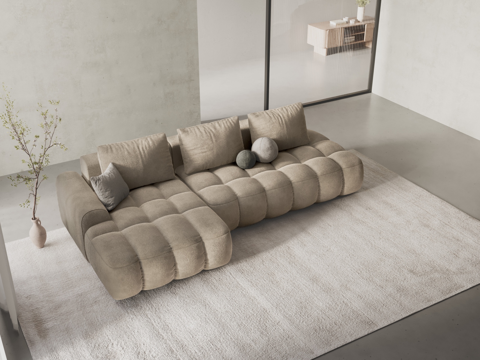 Cosmopolitan Design Ecksofa Linz 3-Sitzer offen mit Schlaffunktion Samt Vogue Helles Beige Links