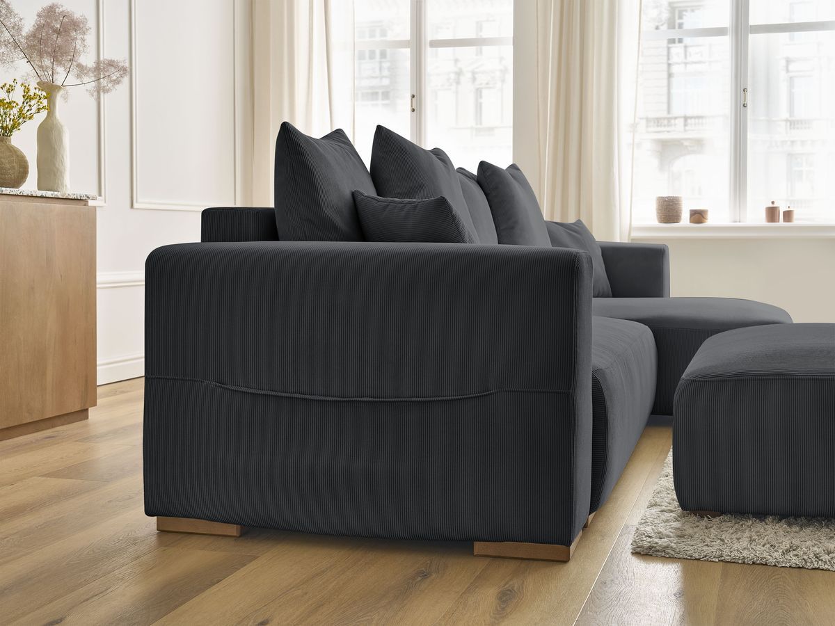 Bobochic Sidonie Ecksofa mit Schlaffunktion und Bettkasten und Pouf Cordsamt Schwarz