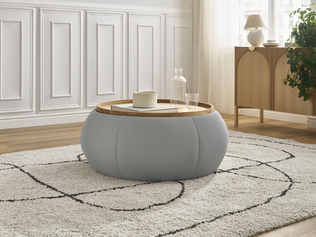 Bobochic Hayden Pouf mit Tablett, rund Mesh-Stoff Hellgrau, 87 cm