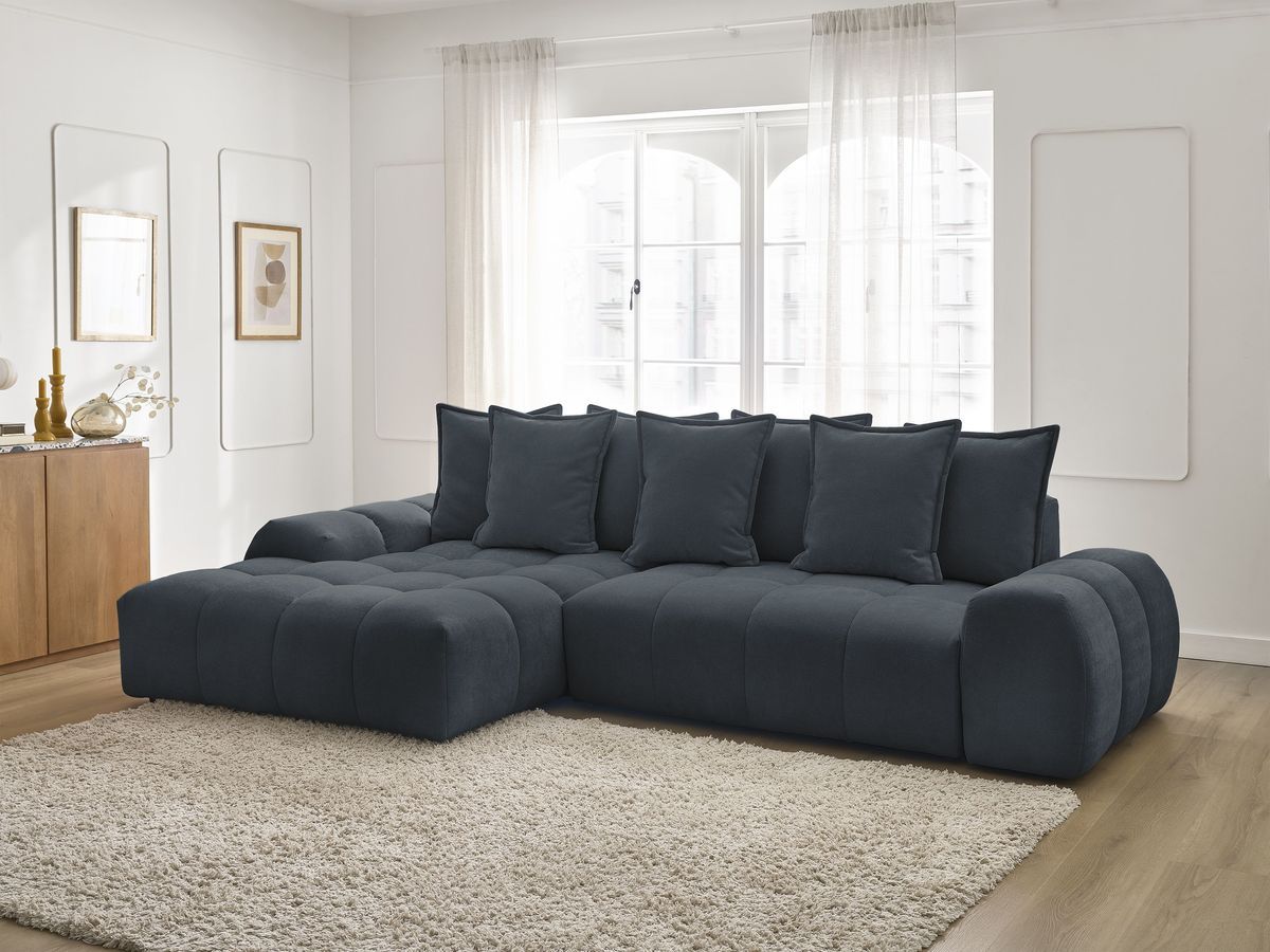 Bobochic Everest Ecksofa mit Schlaffunktion und Bettkasten 318 × 180 cm, 7 Kissen Strukturstoff Dunkelblau Ecke links