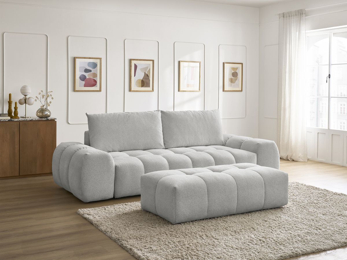 Bobochic Everest Schlafsofa 3-Sitzer mit Bettkasten und Pouf, 2 Kissen Melange-Stoff Hellgrau