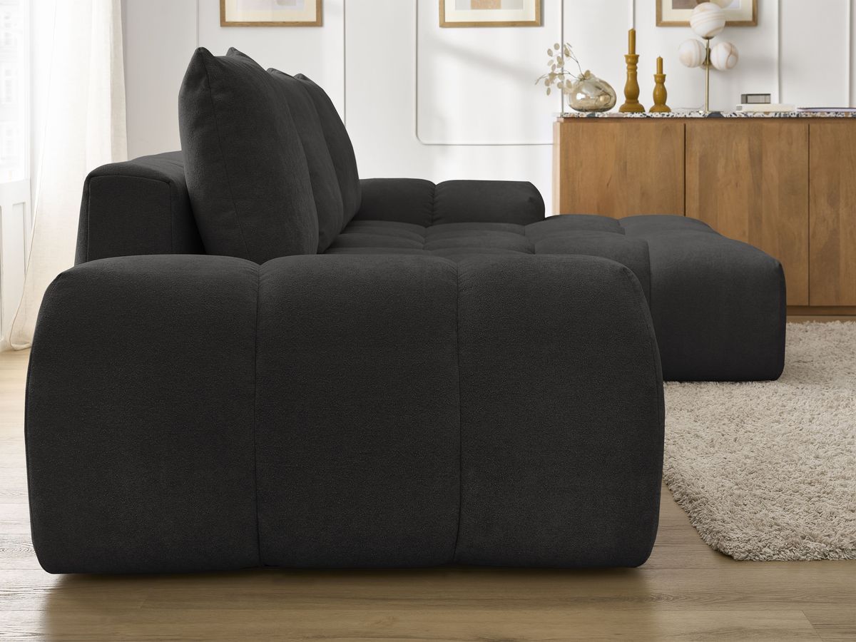 Bobochic Everest Ecksofa mit Schlaffunktion und Bettkasten 318 × 180 cm, 3 Kissen Strukturstoff Schwarz Ecke rechts