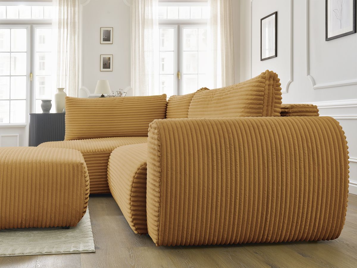 Bobochic Lucien Ecksofa mit Schlaffunktion und Bettkasten und Pouf 296 × 198 cm Breitcord weich Gelb Ecke links