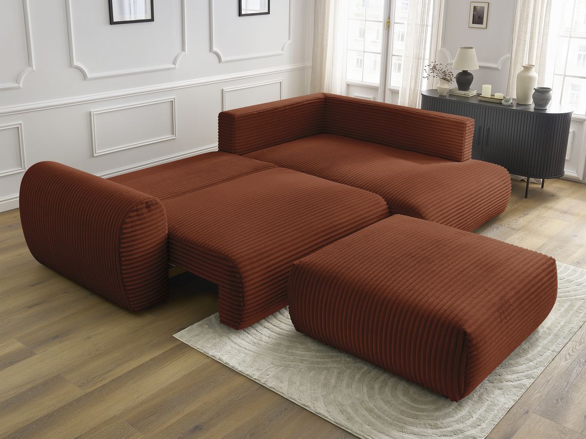 Bobochic Lucien Ecksofa mit Schlaffunktion und Bettkasten und Pouf 296 × 198 cm Breitcord weich Orange Ecke rechts