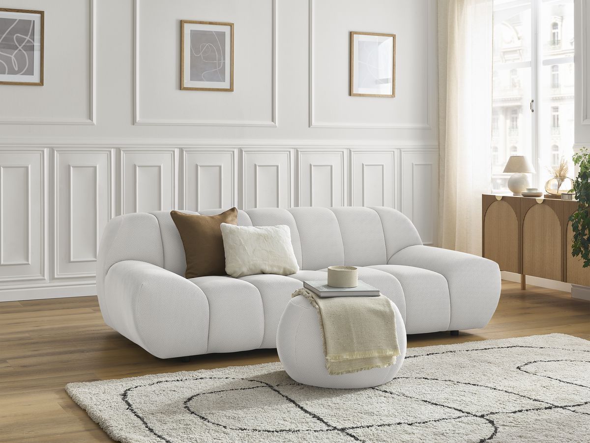 Bobochic Hayden Sofa 3-Sitzer mit Pouf 226 × 107 cm Mesh-Stoff Weiß
