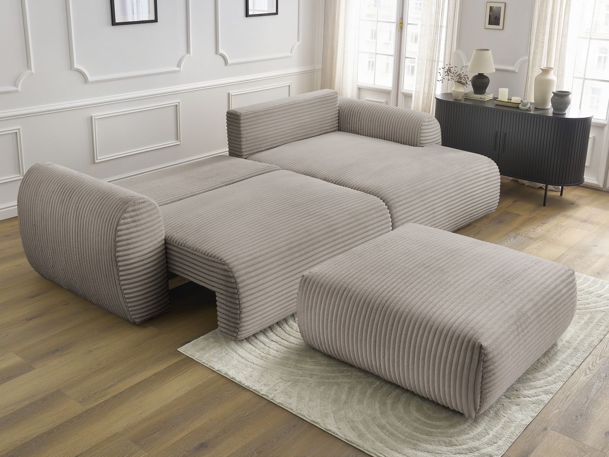Bobochic Lucien Ecksofa mit Schlaffunktion und Bettkasten und Pouf 314 × 167 cm Breitcord weich Taupe Ecke rechts