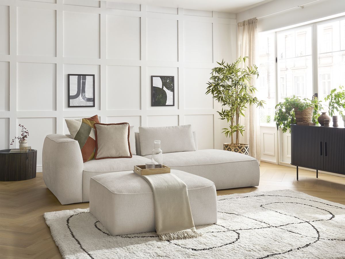 Bobochic Leopold Sofa 4-Sitzer mit Pouf Strukturstoff Beige Armlehne links