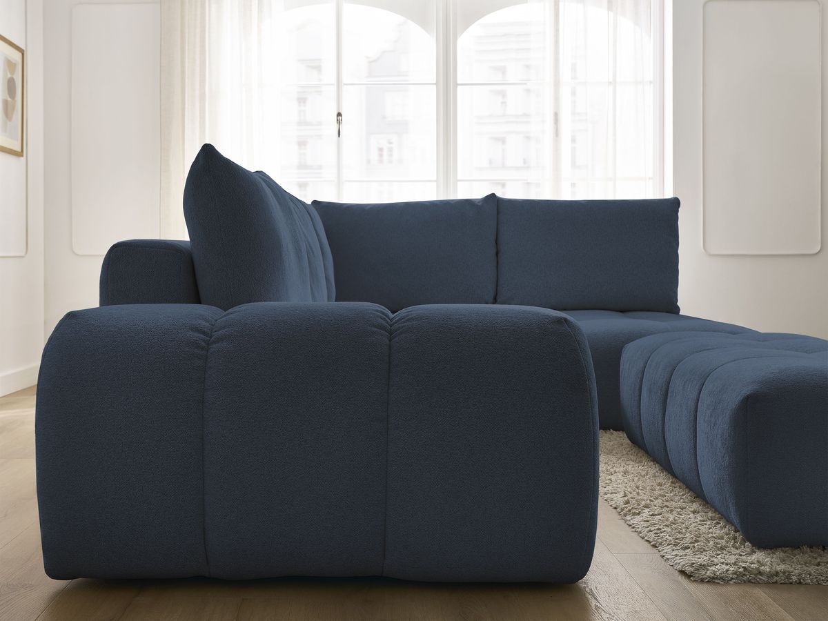 Bobochic Everest Ecksofa mit Schlaffunktion und Bettkasten und Pouf 320 × 212 cm, 5 Kissen Melange-Stoff Dunkelblau Ecke rechts