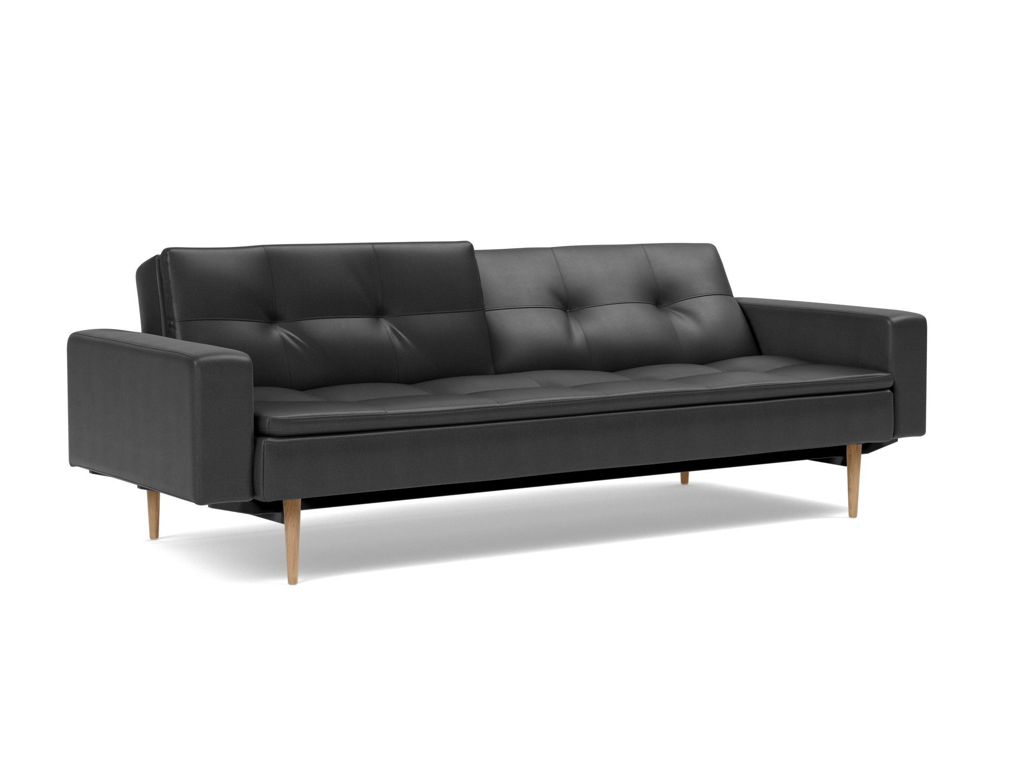 Schlafsofa Dublexo mit Armlehnen Lederoptik Faunal 550-Black Beine Styletto Eiche hell