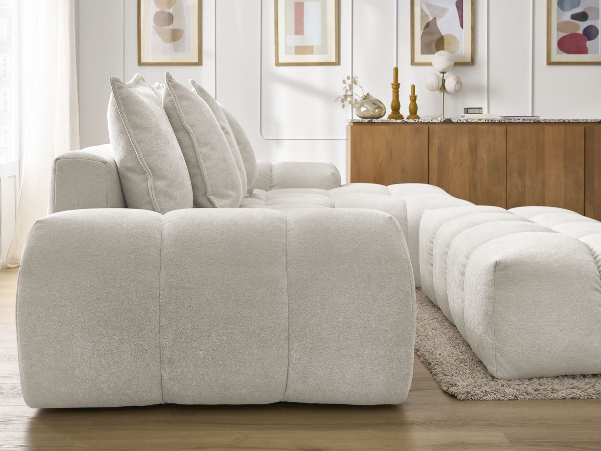 Bobochic Everest Ecksofa mit Schlaffunktion und Bettkasten und Pouf 318 × 180 cm, 7 Kissen Strukturstoff Weiß Ecke rechts
