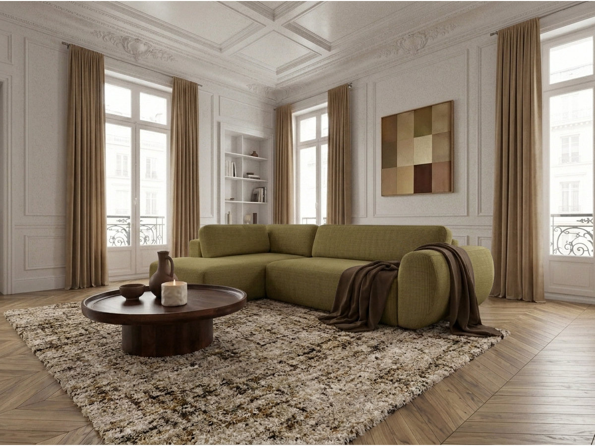 Bobochic Denise Ecksofa mit Schlaffunktion und Bettkasten 256 × 197 cm Strukturstoff Grün Ecke links