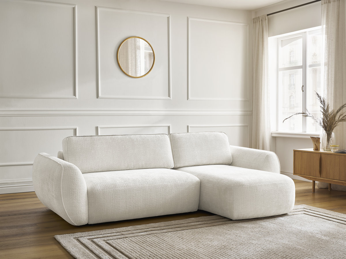 Bobochic Denise Ecksofa mit Schlaffunktion und Bettkasten 258 × 160 cm Strukturstoff Weiß Ecke rechts