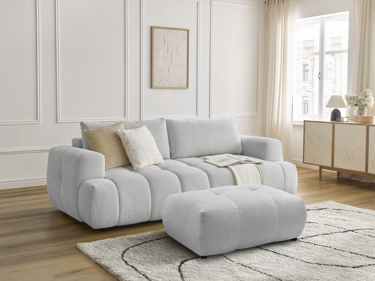 Bobochic Fuji Schlafsofa 3-Sitzer mit Bettkasten und Pouf Stoff Hellgrau