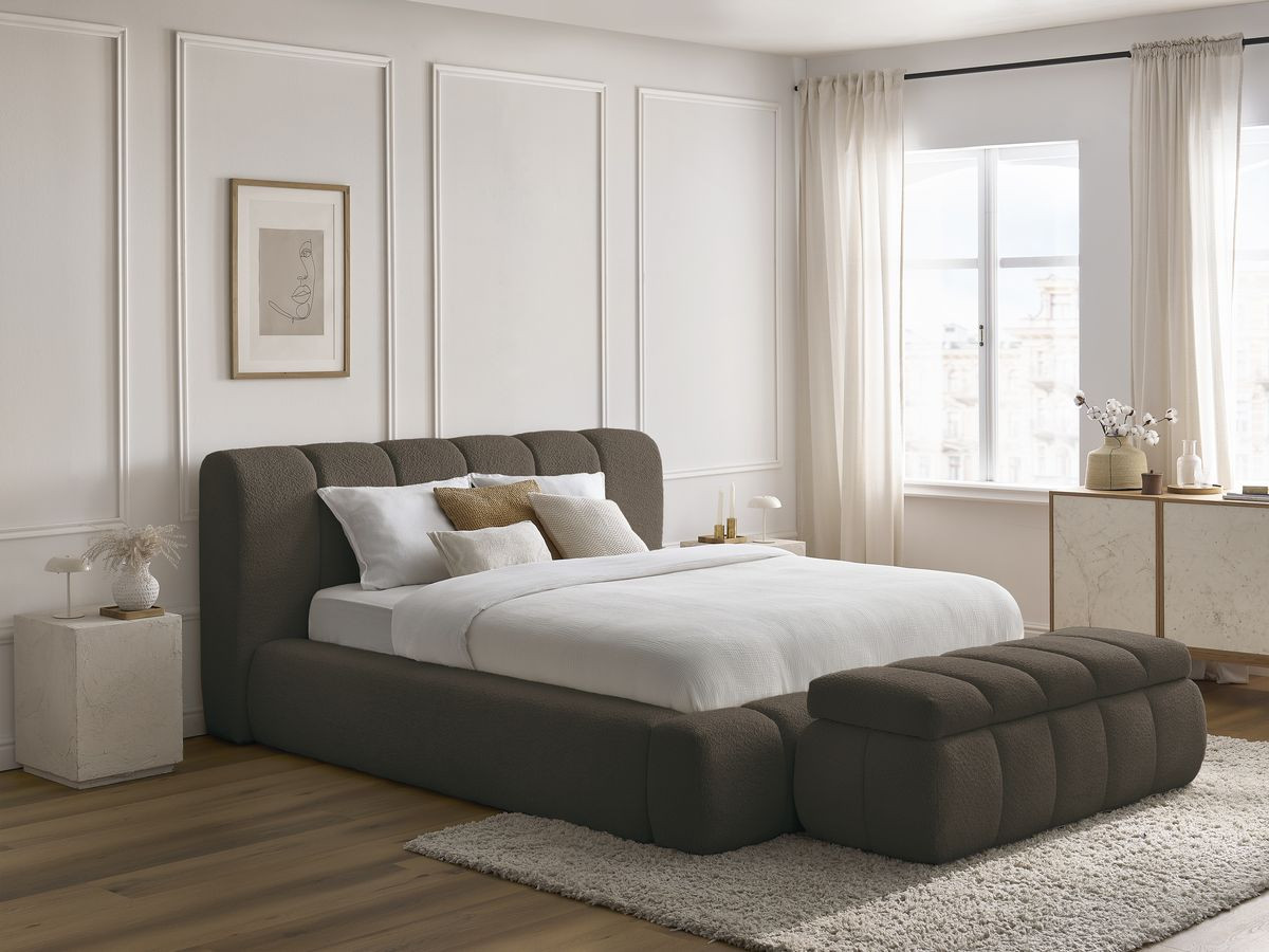 Bobochic Denali Polsterbett mit Bettkasten mit Bettbank Bouclé-Stoff Braun, Liegefläche 140 × 190 cm