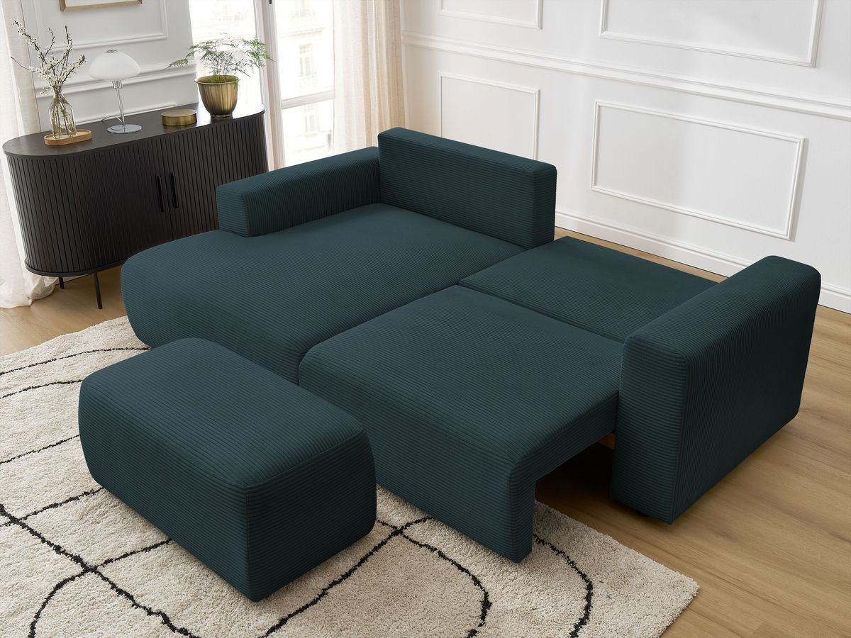 Bobochic Atilla Ecksofa mit Schlaffunktion und Bettkasten und Pouf Cordsamt Dunkelblau Ecke links