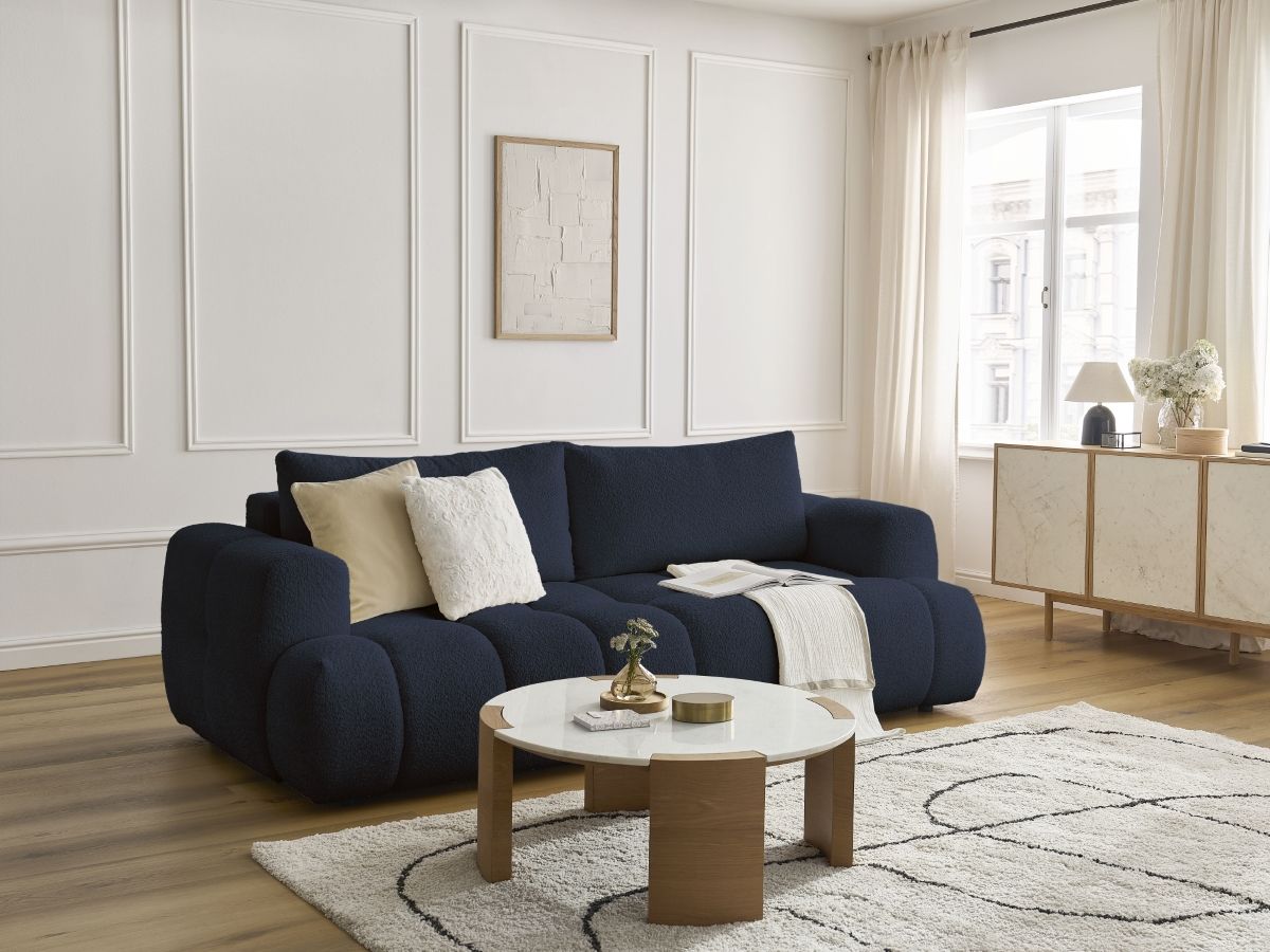 Bobochic Fuji Schlafsofa 3-Sitzer mit Bettkasten Bouclé-Stoff Dunkelblau