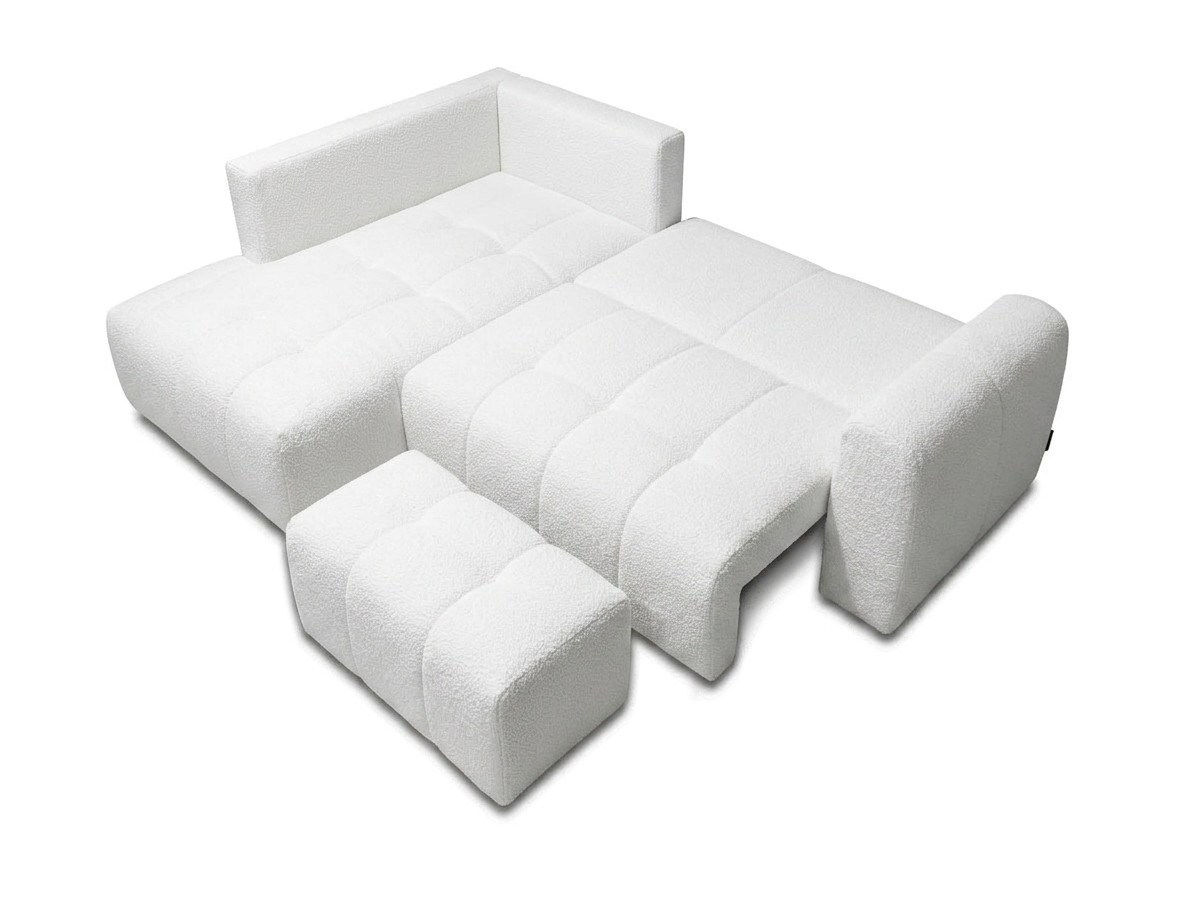Bobochic Roxelane Ecksofa mit Schlaffunktion und Bettkasten und Pouf Bouclé-Stoff Weiß Ecke links
