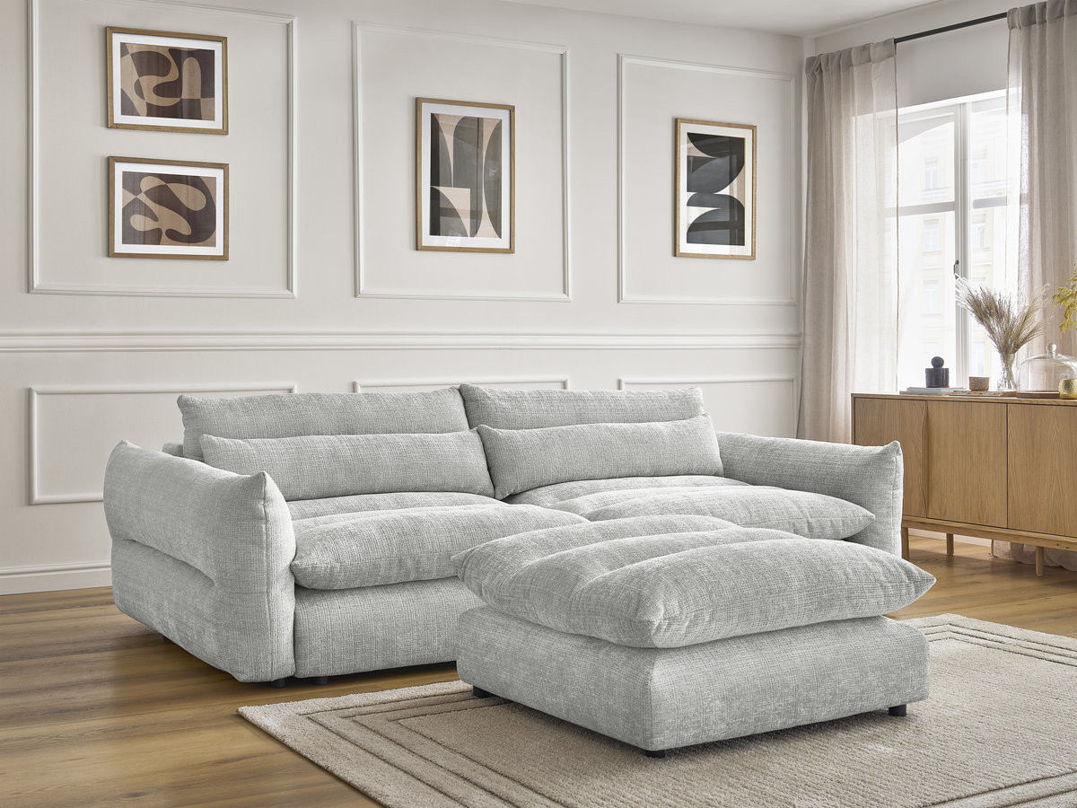Bobochic Neil Sofa 3-Sitzer mit Pouf Strukturstoff Hellgrau