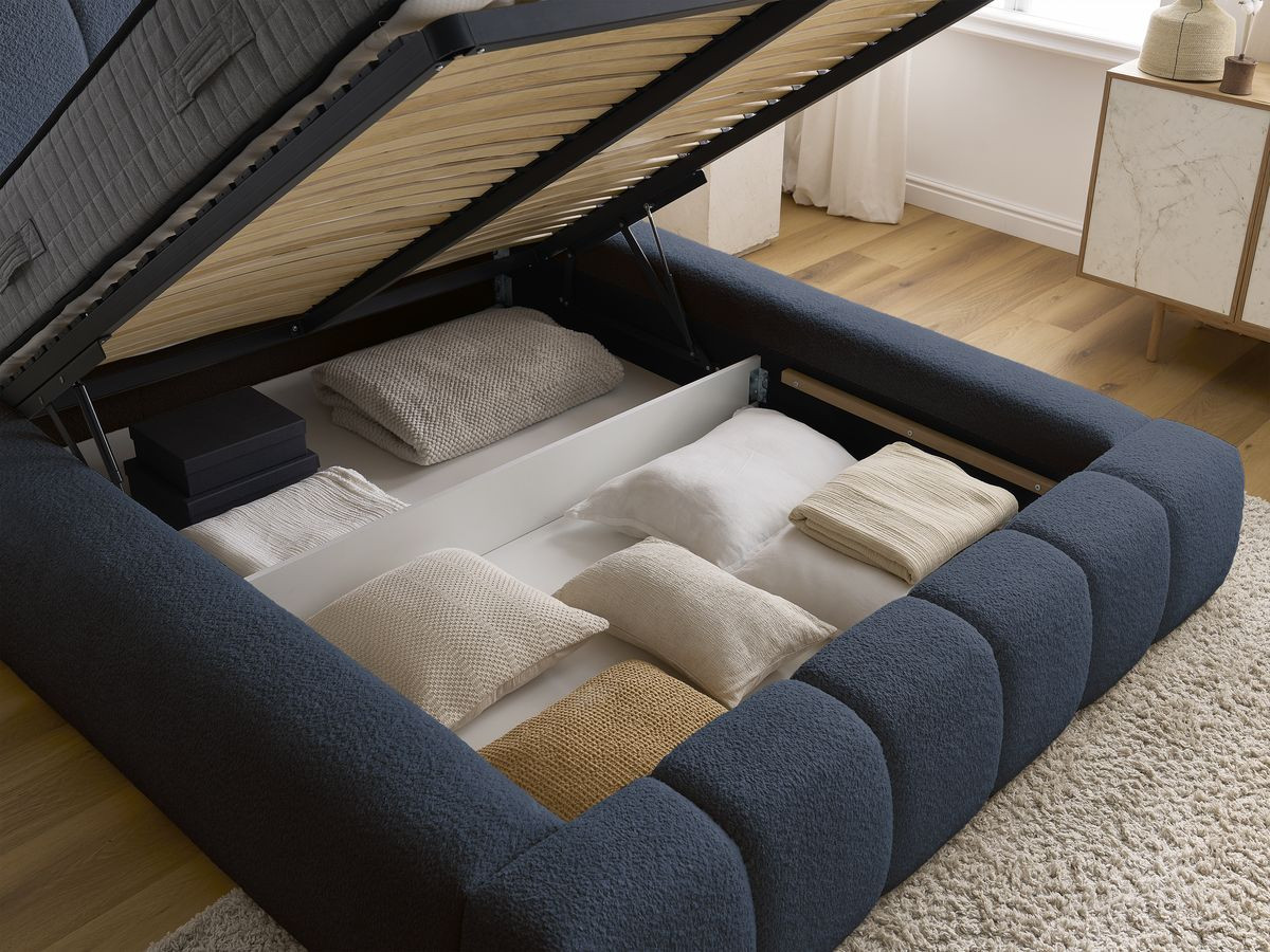 Bobochic Denali Polsterbett mit Bettkasten Bouclé-Stoff Dunkelblau, Liegefläche 140 × 190 cm