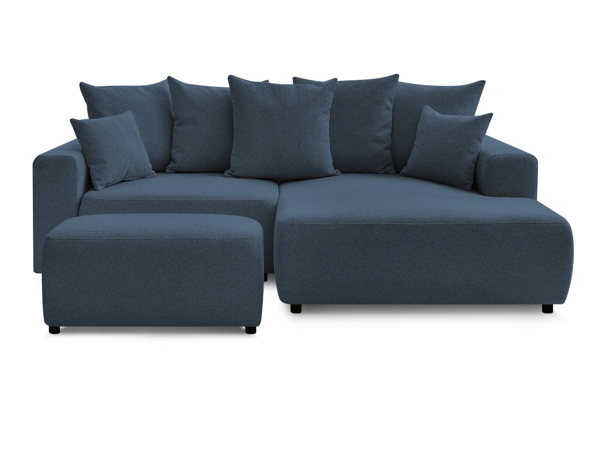 Bobochic Atilla Ecksofa mit Schlaffunktion und Bettkasten und Pouf Melange-Stoff Blau Ecke rechts