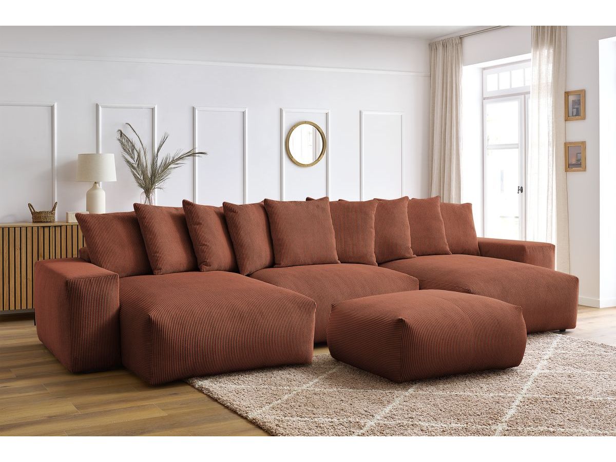 Bobochic Voltaire Wohnlandschaft mit Pouf 420 × 174 cm, Liegefläche 135 × 345 cm Cordsamt Orange