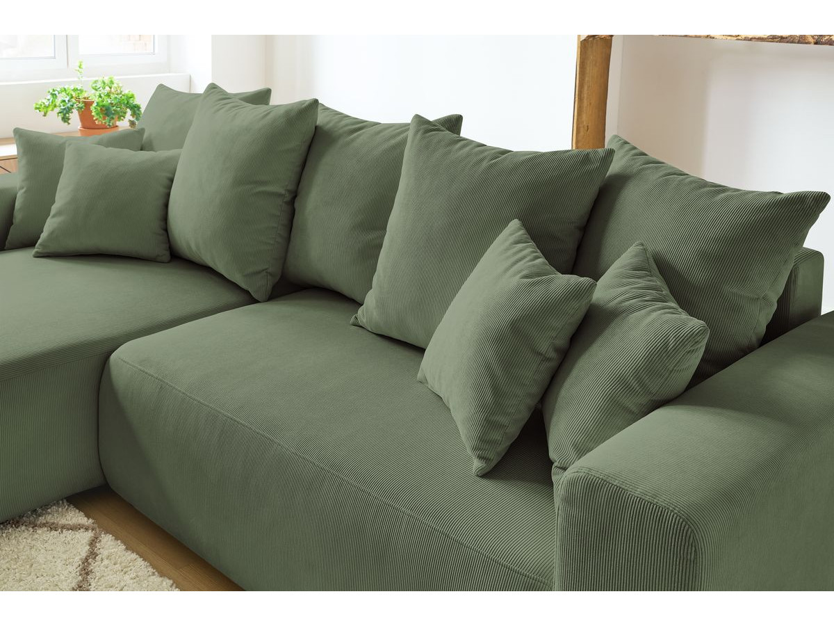 Bobochic Envy Ecksofa mit Schlaffunktion und Bettkasten und Pouf Cordsamt Grün