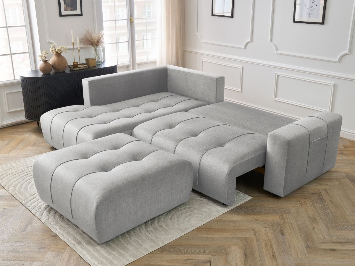 Bobochic Arsene Ecksofa mit Schlaffunktion und Bettkasten und Pouf 277 × 200 cm Samt Hellgrau Ecke links