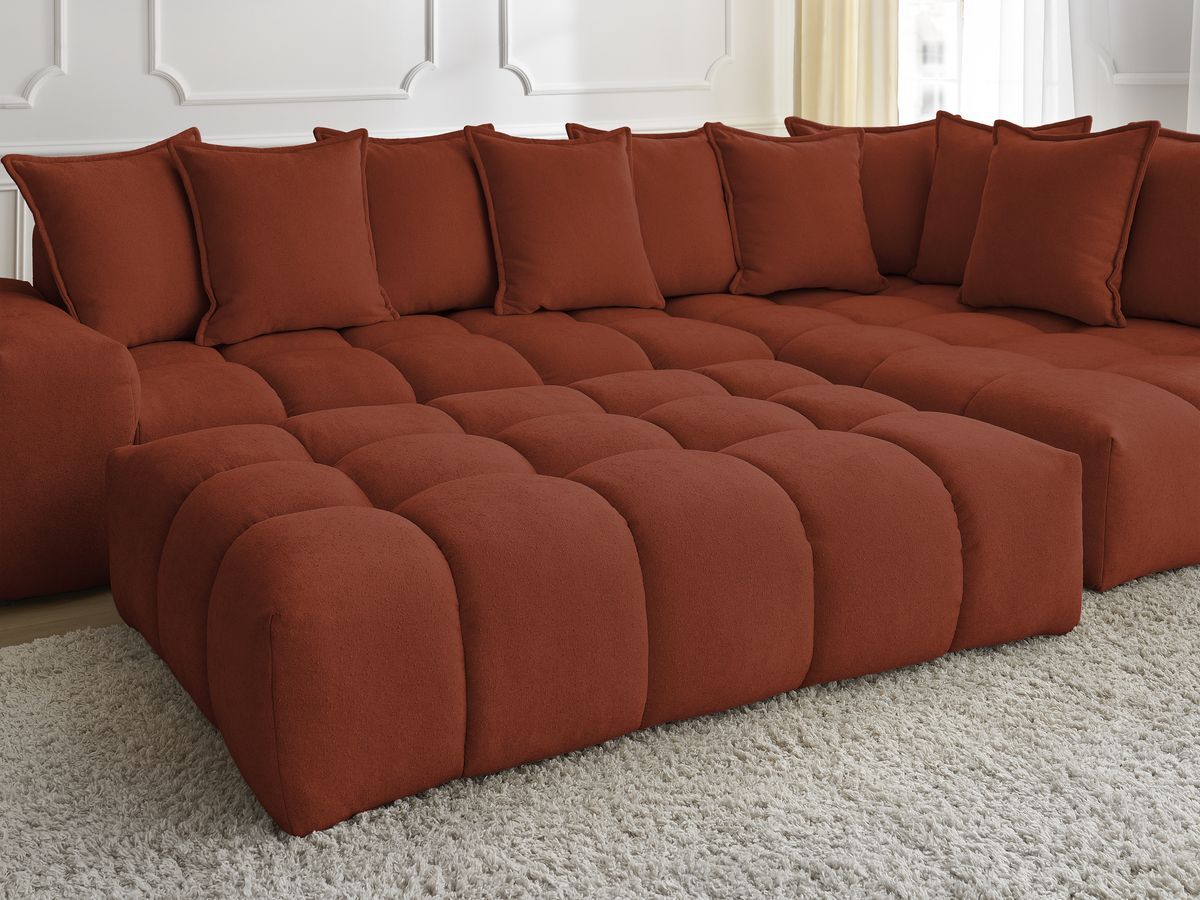 Bobochic Everest Ecksofa mit Schlaffunktion und Pouf, 10 Kissen Strukturstoff Orange Ecke rechts