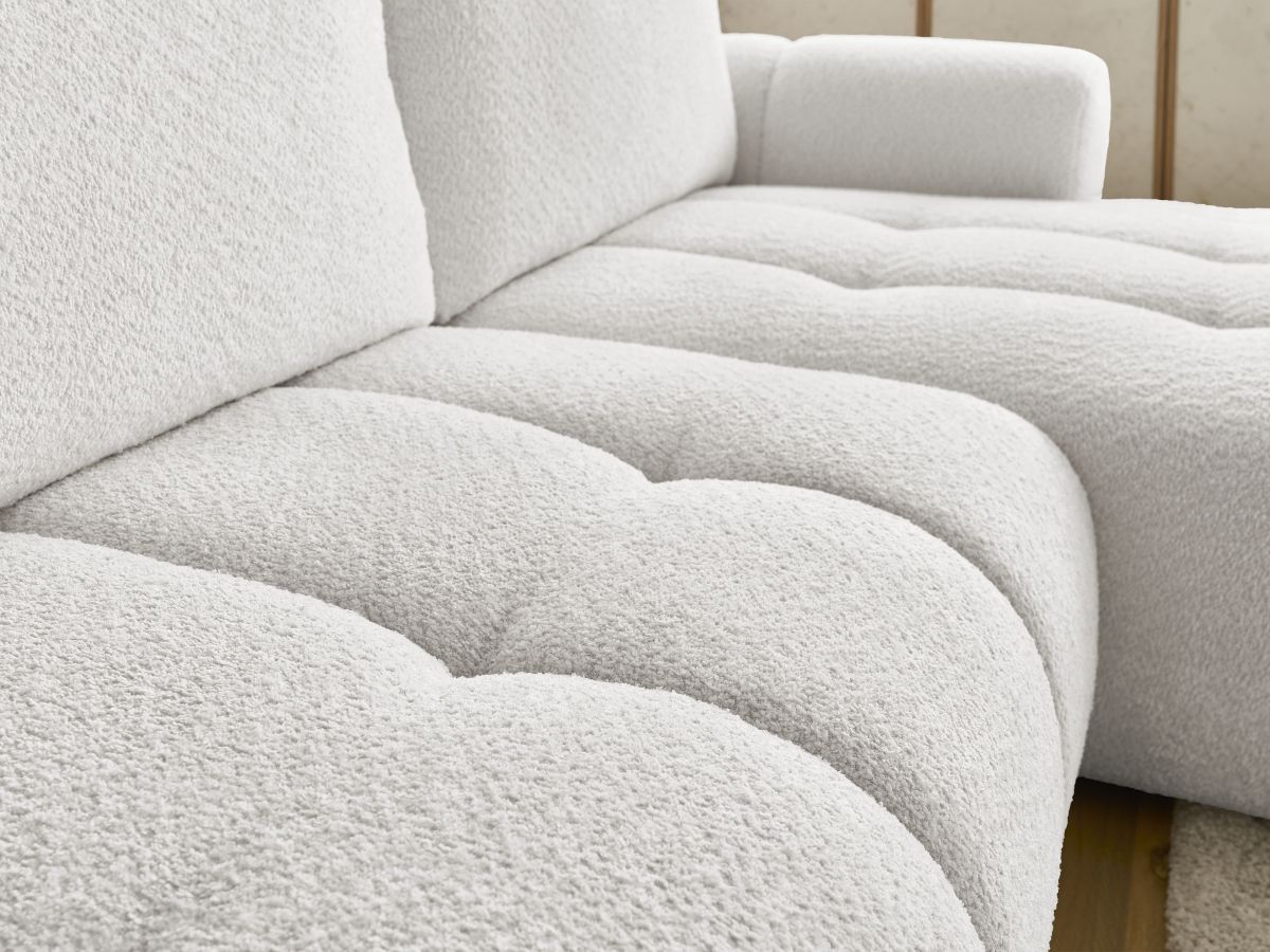 Bobochic Fuji Ecksofa mit Schlaffunktion und Bettkasten 292 × 160 cm Bouclé-Stoff Weiß Ecke rechts