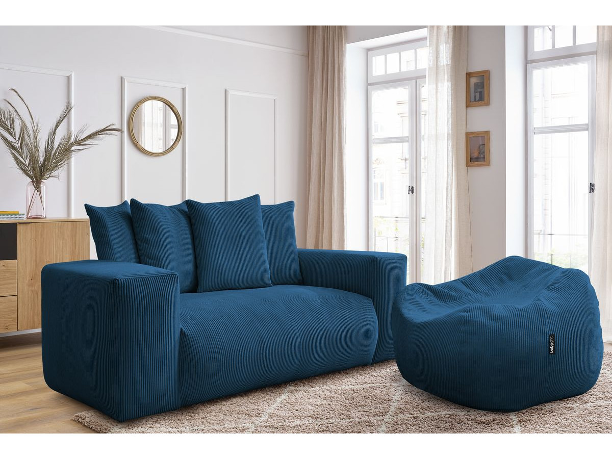 Bobochic Voltaire Sofa 2-Sitzer mit Pouf Cordsamt Dunkelblau