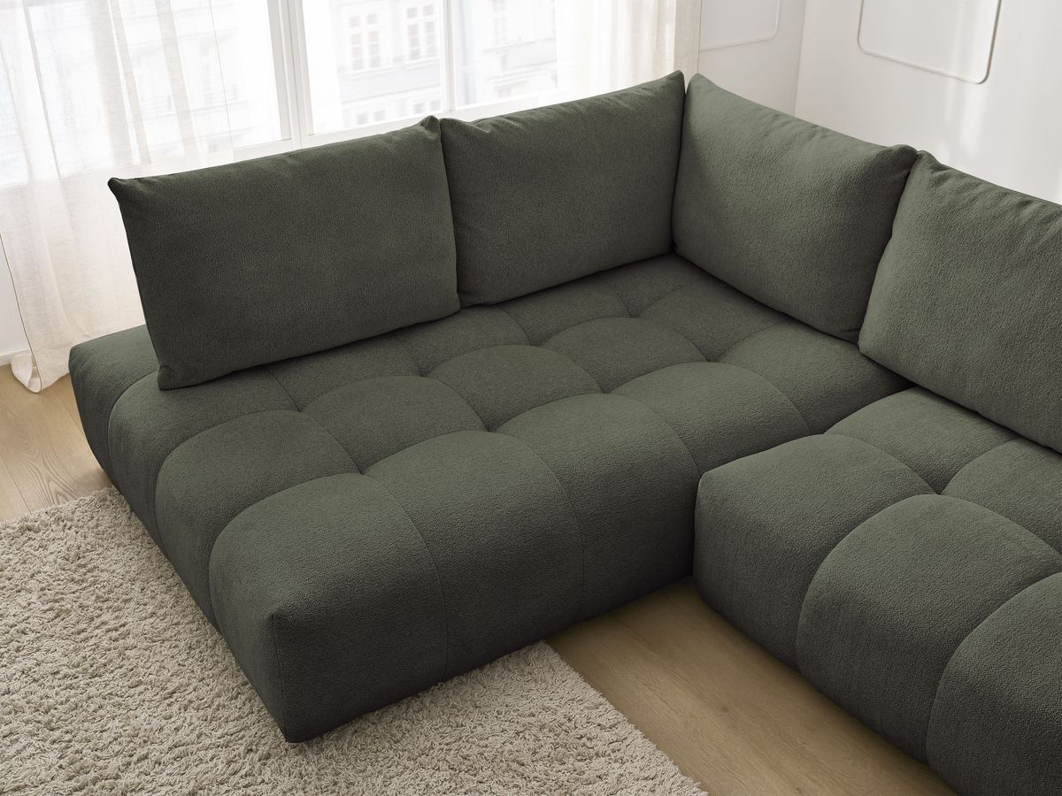 Bobochic Everest Ecksofa mit Schlaffunktion und Bettkasten 320 × 212 cm, 5 Kissen Melange-Stoff Grün Ecke links