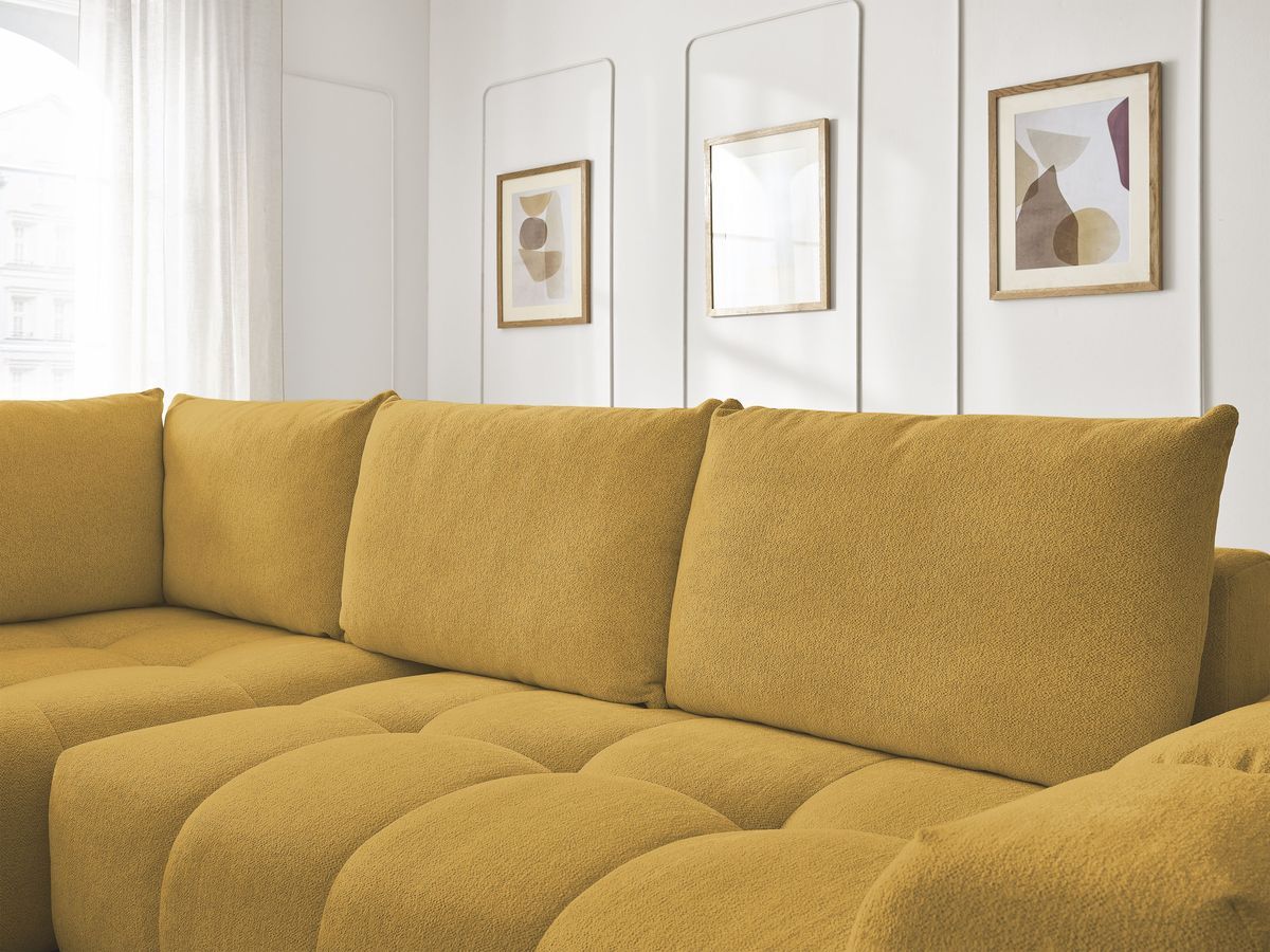 Bobochic Everest Ecksofa mit Schlaffunktion und Bettkasten 320 × 212 cm, 5 Kissen Melange-Stoff Gelb Ecke links