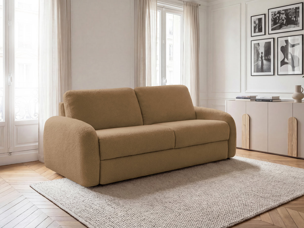 Bobochic Kenan Schlafsofa 3-Sitzer Bouclé-Stoff Gelb, Liegefläche 140 × 196 cm