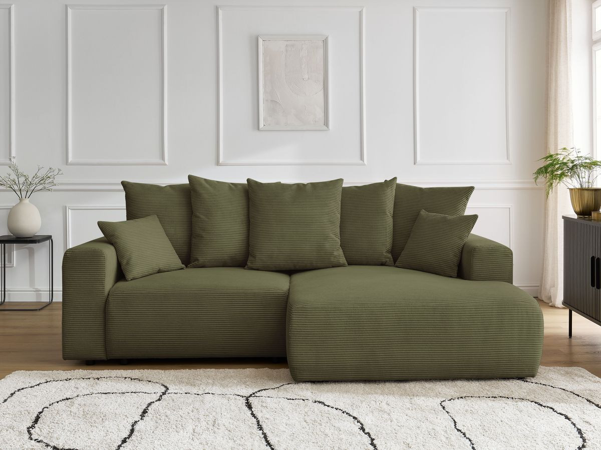 Bobochic Atilla Ecksofa mit Schlaffunktion und Bettkasten Cordsamt Hellgrün Ecke rechts