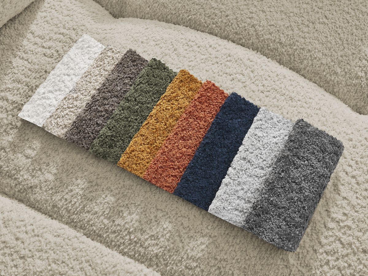 Bobochic Roxelane Ecksofa mit Schlaffunktion und Bettkasten und Pouf 258 × 150 cm Bouclé-Stoff Beige Ecke rechts
