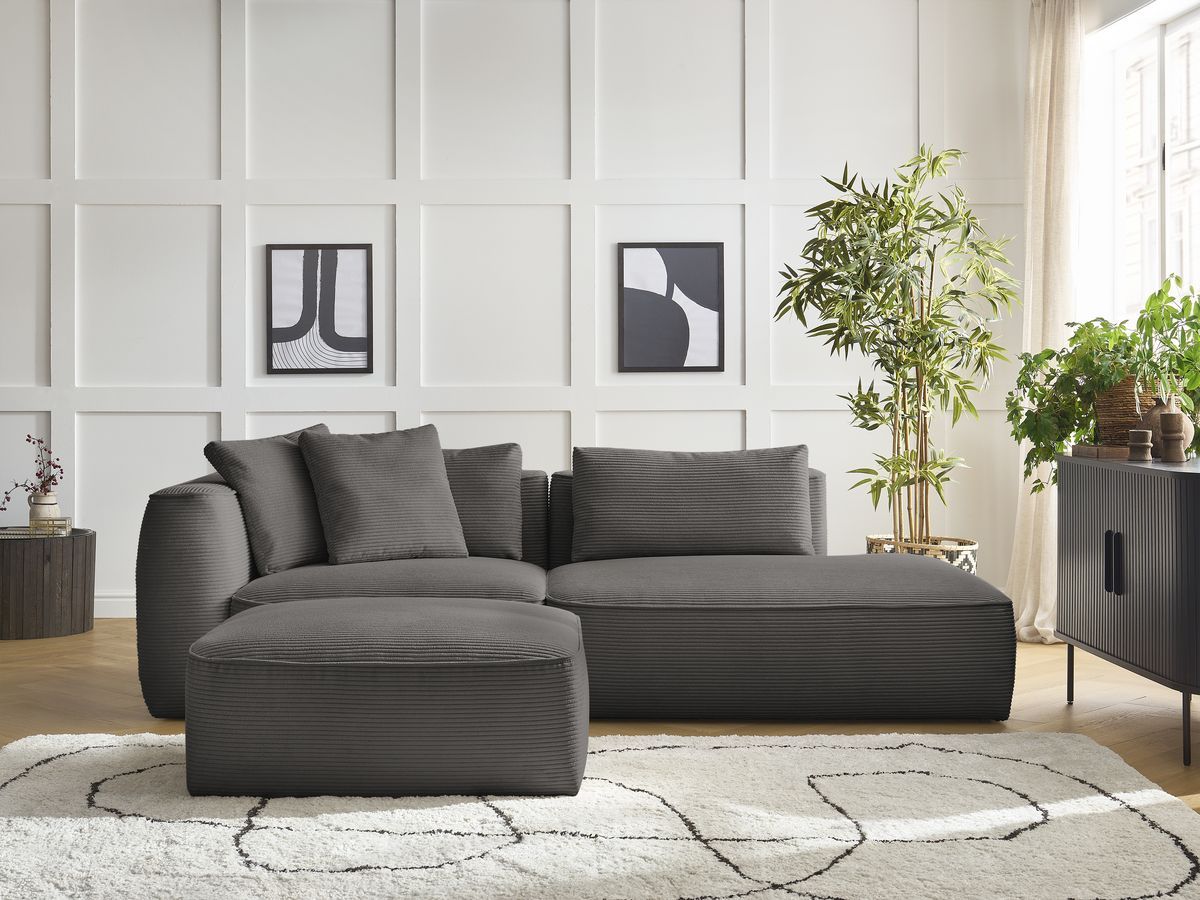 Bobochic Leopold Sofa 4-Sitzer mit Pouf Cordsamt Taupe Armlehne links