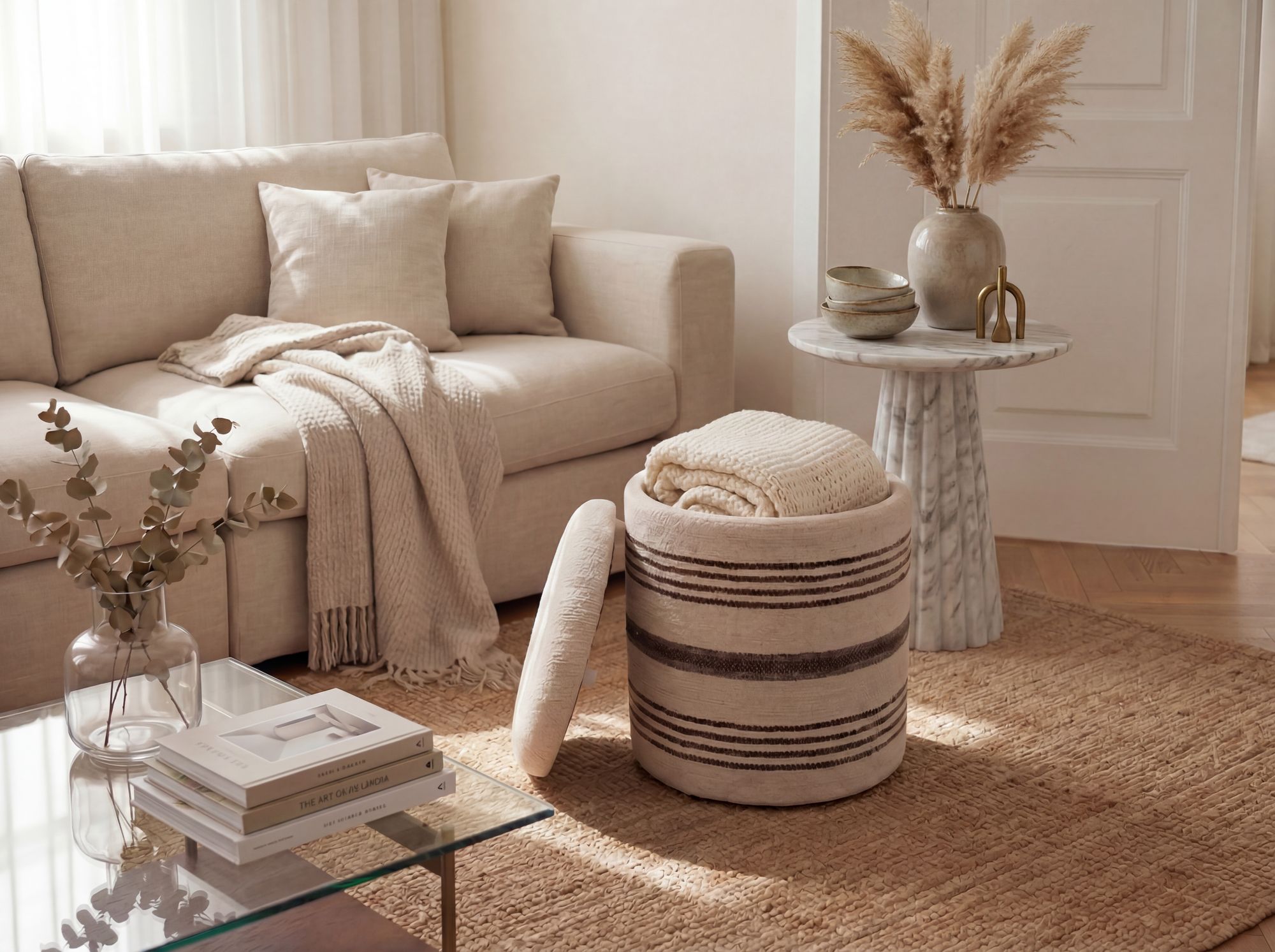 Sitzhocker Varhaug Stoff Beige Ø 40 cm