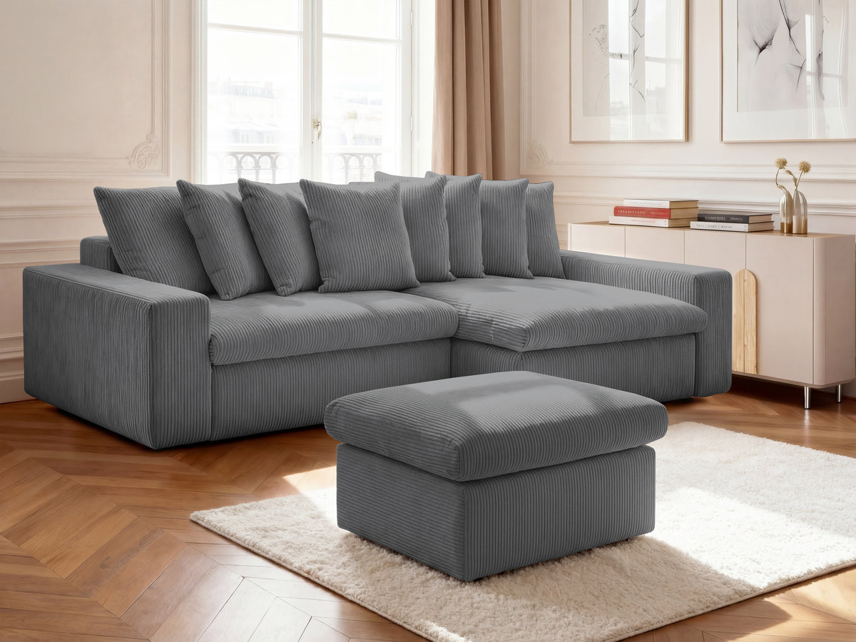 Bobochic Enore Ecksofa mit Pouf Cordsamt Dunkelgrau Ecke rechts